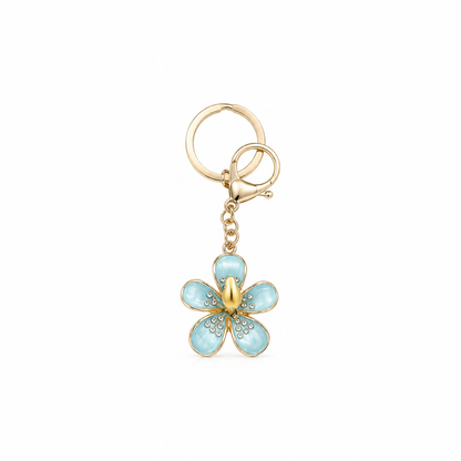 bloemetje sleutelhanger blauw, productfoto op witte achtergrond