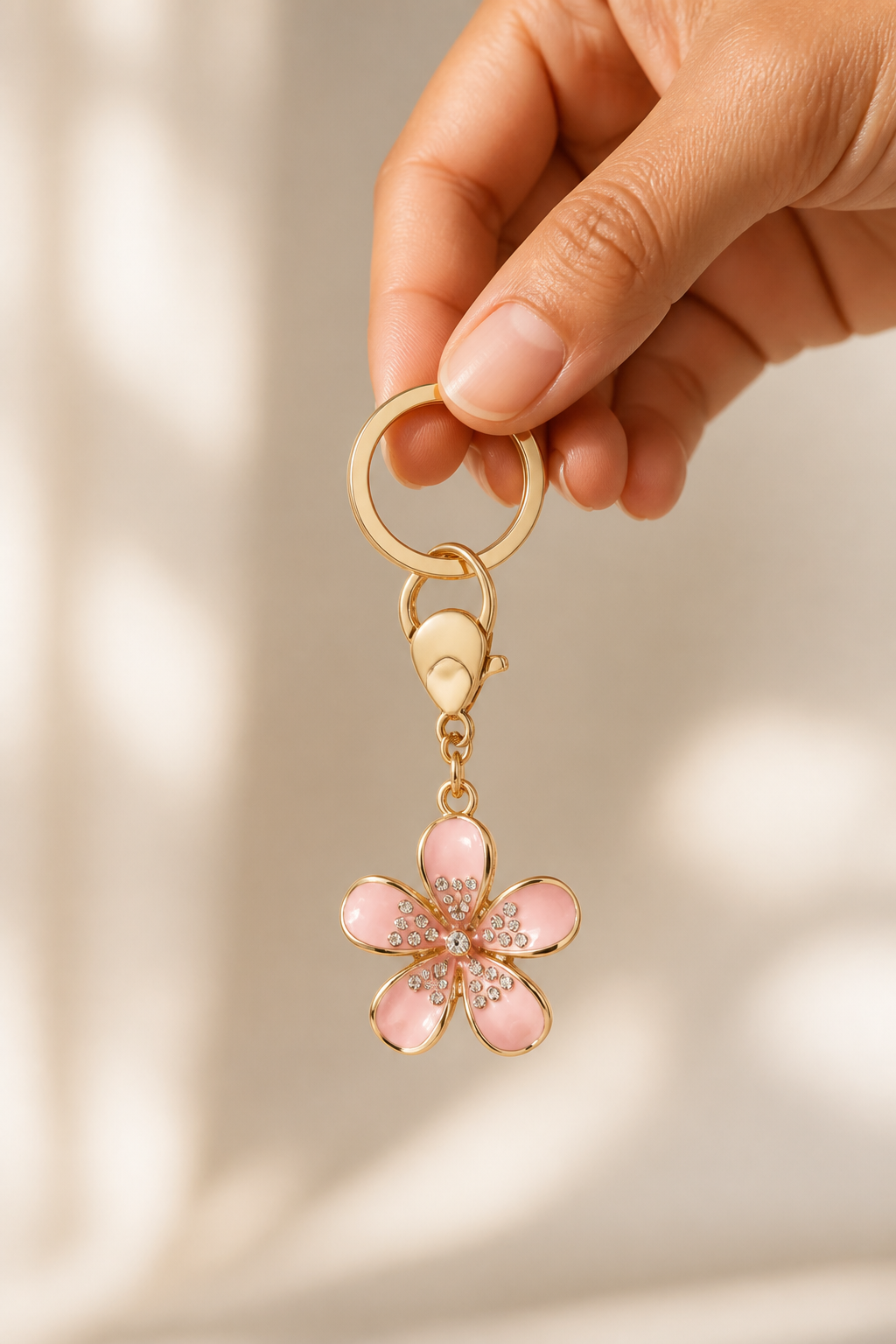 bloemetje sleutelhanger roze in de hand, cadeau-idee