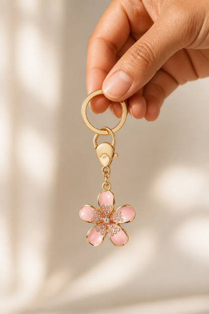 bloemetje sleutelhanger roze in de hand, cadeau-idee