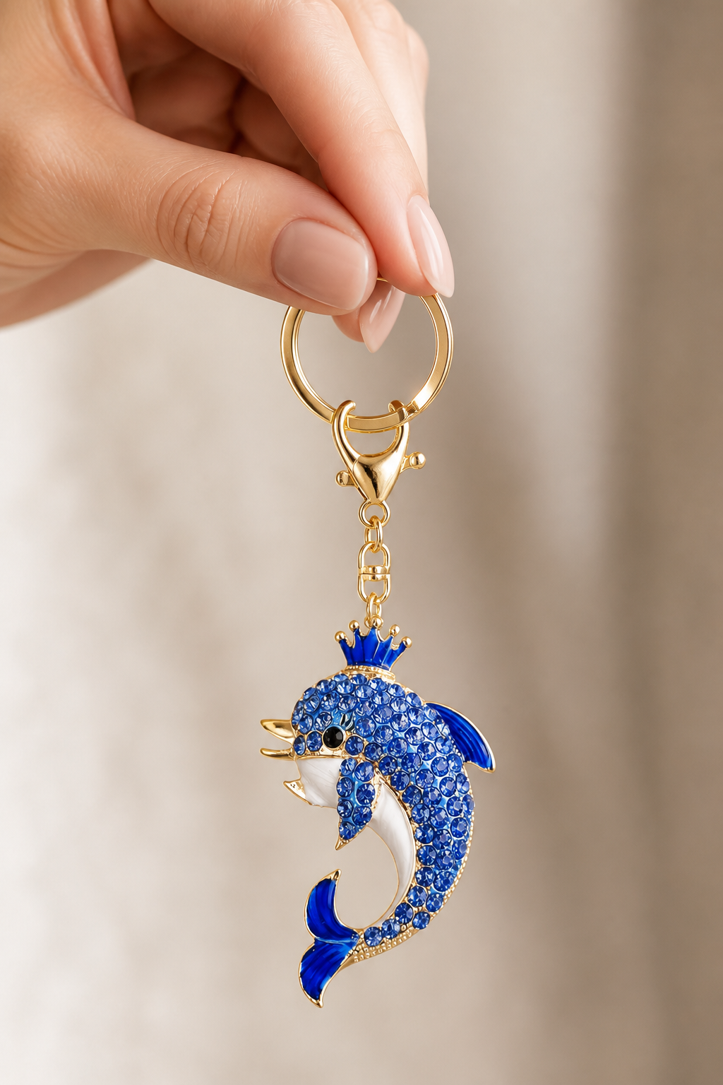 dolfijn sleutelhanger blauw in de hand, cadeau-idee