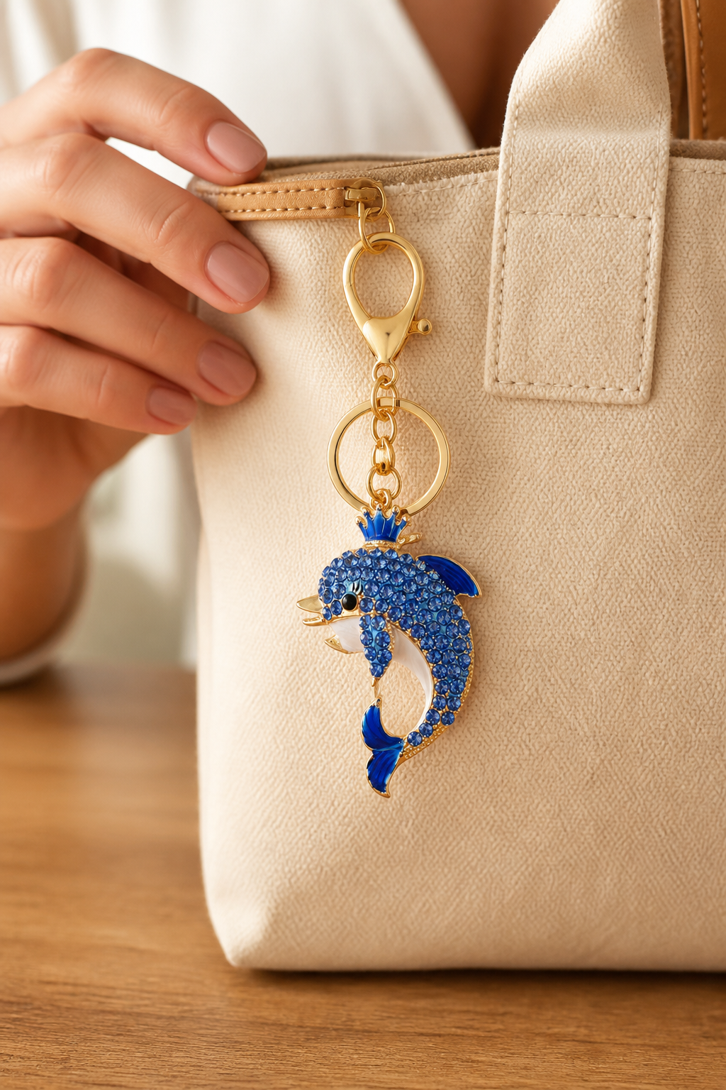 dolfijn sleutelhanger blauw aan een tas, sfeerbeeld
