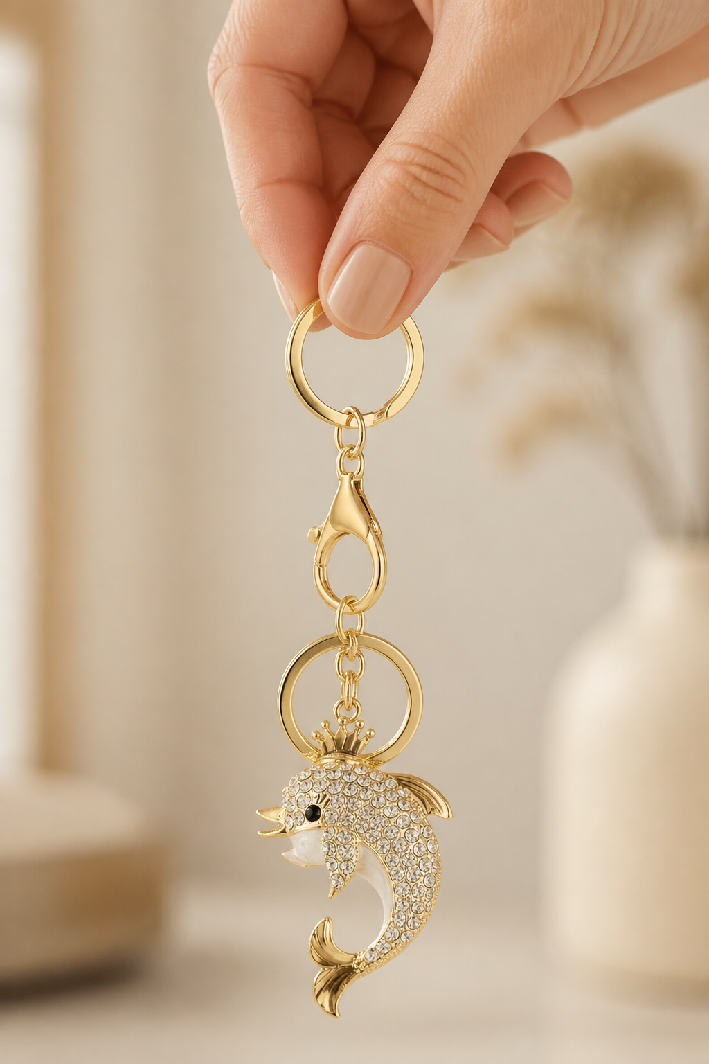 dolfijn sleutelhanger wit in de hand, cadeau-idee