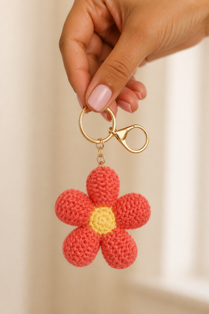 gehaakte bloem sleutelhanger rood in de hand, cadeau-idee
