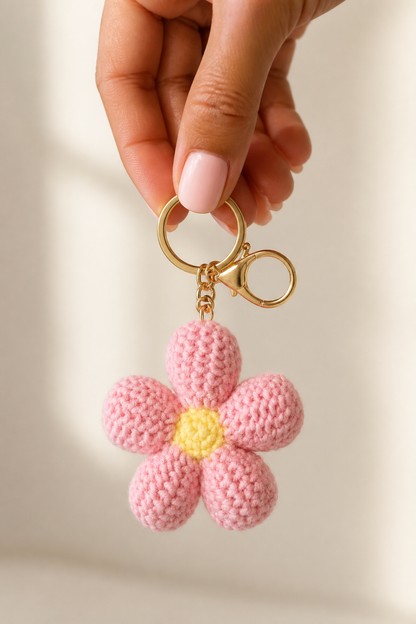 gehaakte bloem sleutelhanger roze in de hand, cadeau-idee