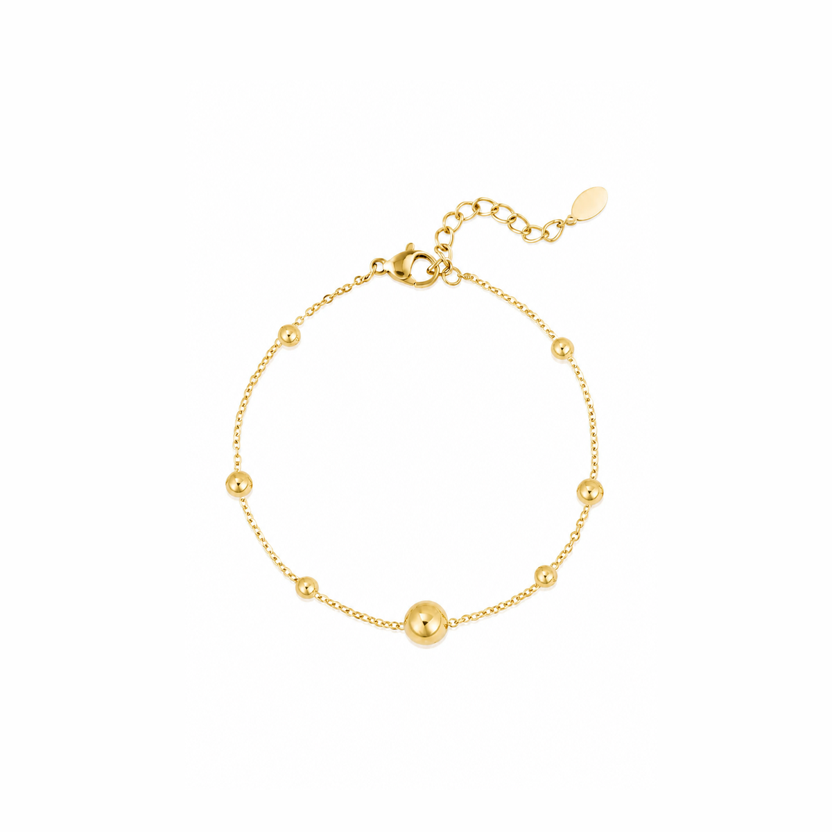 Gouden bolletjes armband van stainless steel, productfoto op witte achtergrond