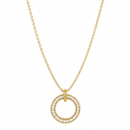 Gouden dubbele ringen steentjes ketting van stainless steel, productfoto op witte achtergrond