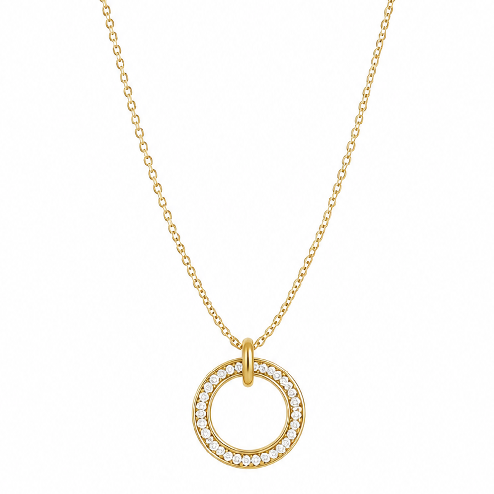 Gouden dubbele ringen steentjes ketting van stainless steel, productfoto op witte achtergrond