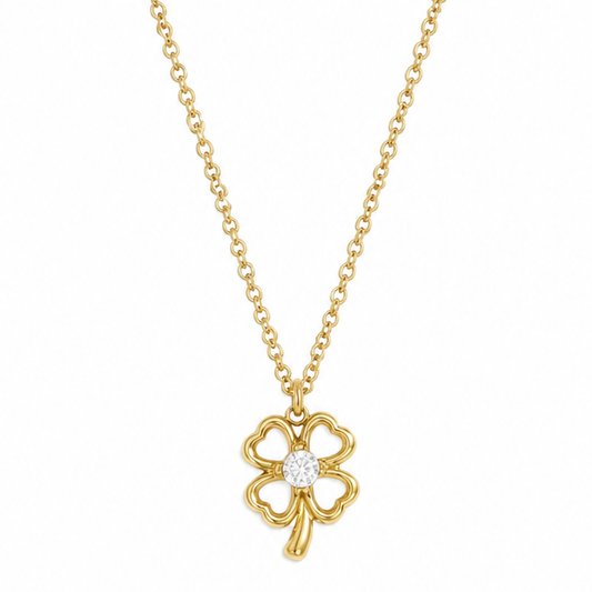 Gouden klavertje parelmoer ketting van stainless steel, productfoto op witte achtergrond