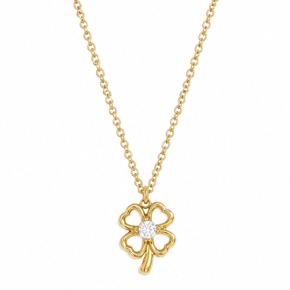 Gouden klavertje parelmoer ketting van stainless steel, productfoto op witte achtergrond