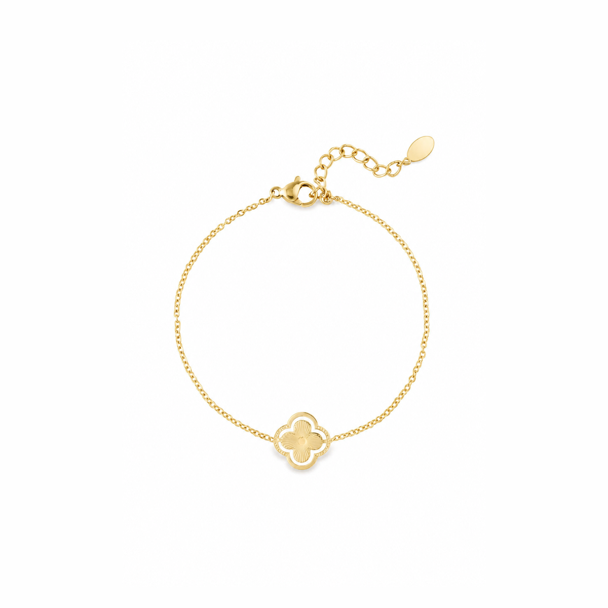 Gouden klavertje vier armband van stainless steel, productfoto op witte achtergrond