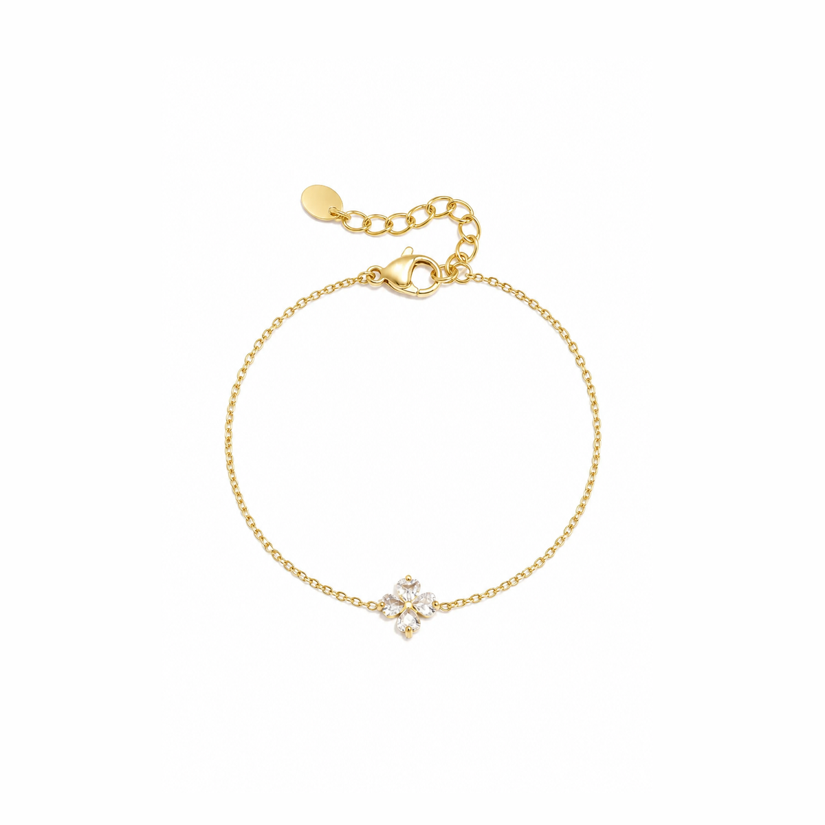 Gouden klavertje vier armband van stainless steel, productfoto op witte achtergrond