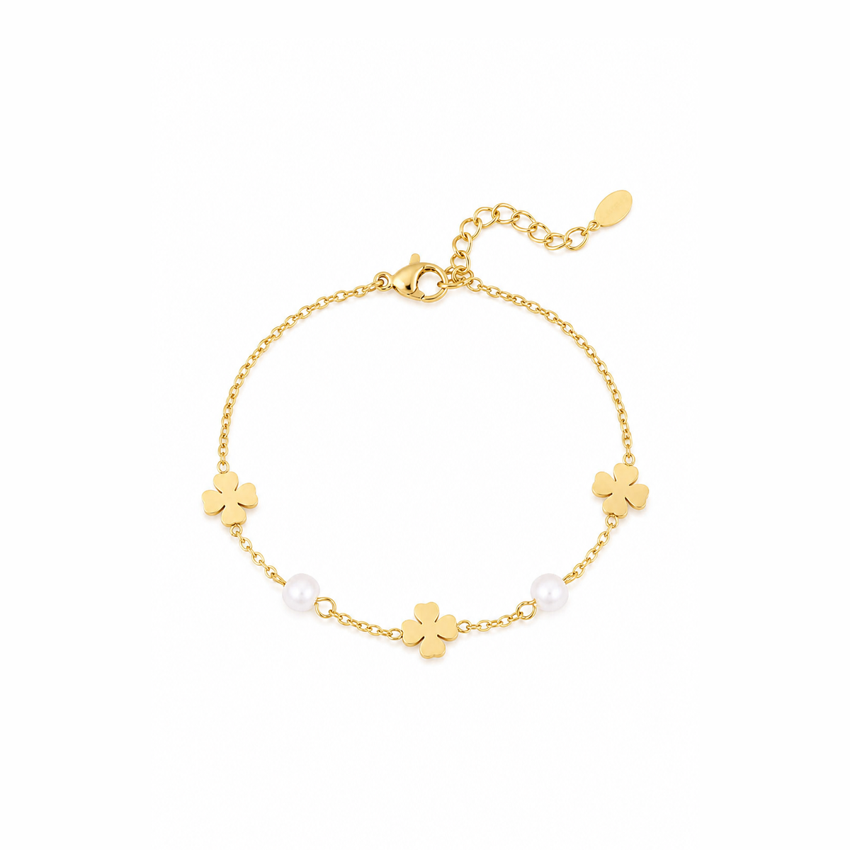 Gouden klavertjes parels armband van stainless steel, productfoto op witte achtergrond