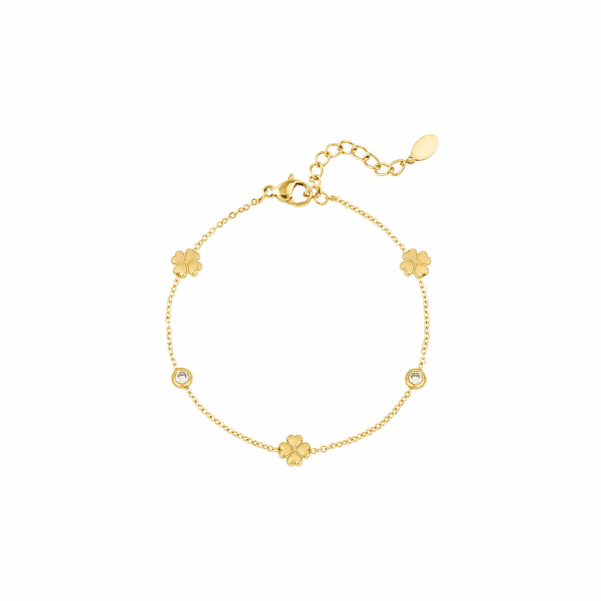 Gouden klavertjes steentjes armband van stainless steel, productfoto op witte achtergrond