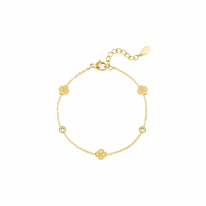 Gouden klavertjes steentjes armband van stainless steel, productfoto op witte achtergrond
