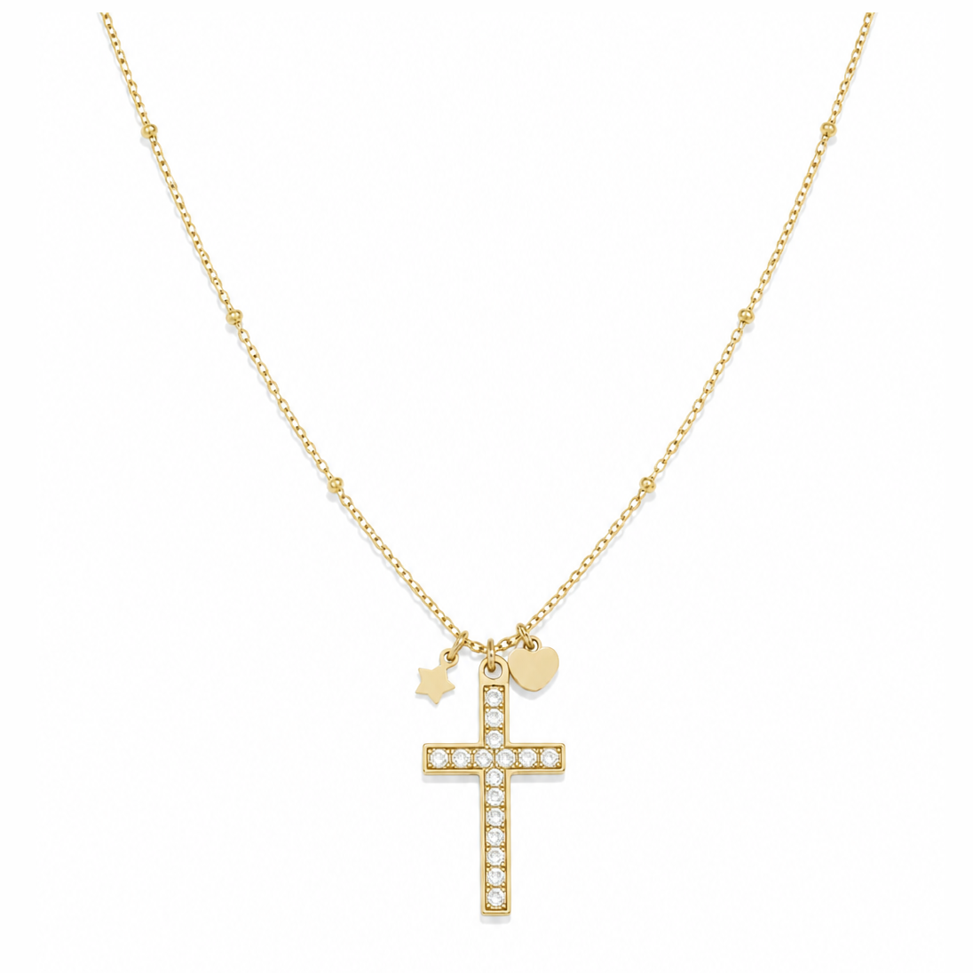 Gouden kruisje steentjes ketting van stainless steel, productfoto op witte achtergrond