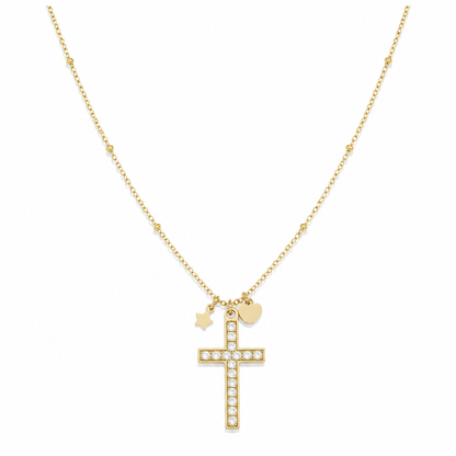 Gouden kruisje steentjes ketting van stainless steel, productfoto op witte achtergrond