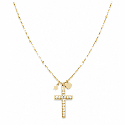 Gouden kruisje steentjes ketting van stainless steel, productfoto op witte achtergrond