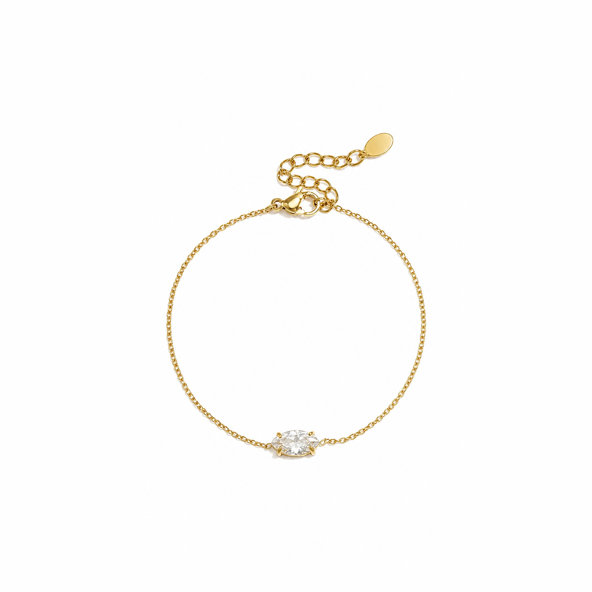 Gouden ovaal steentje armband van stainless steel, productfoto op witte achtergrond