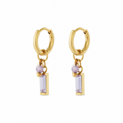 Gouden paarse steen oorbellen van stainless steel, productfoto op witte achtergrond