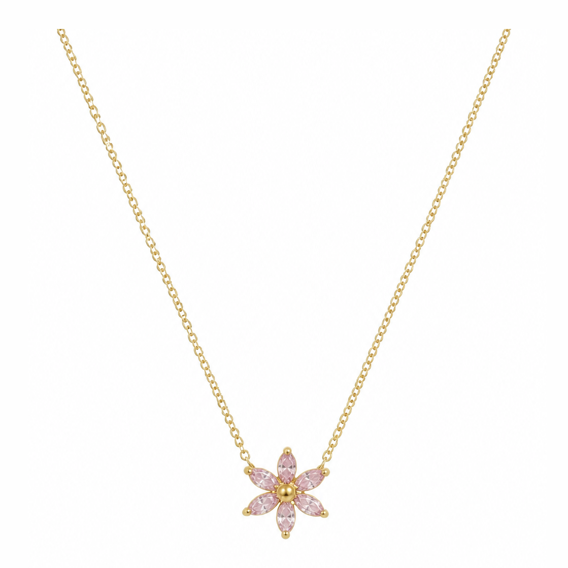 Gouden roze bloemetje ketting van stainless steel, productfoto op witte achtergrond