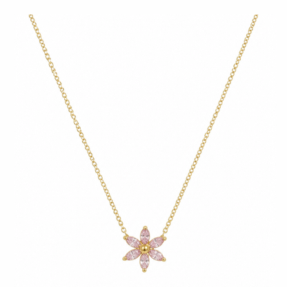 Gouden roze bloemetje ketting van stainless steel, productfoto op witte achtergrond
