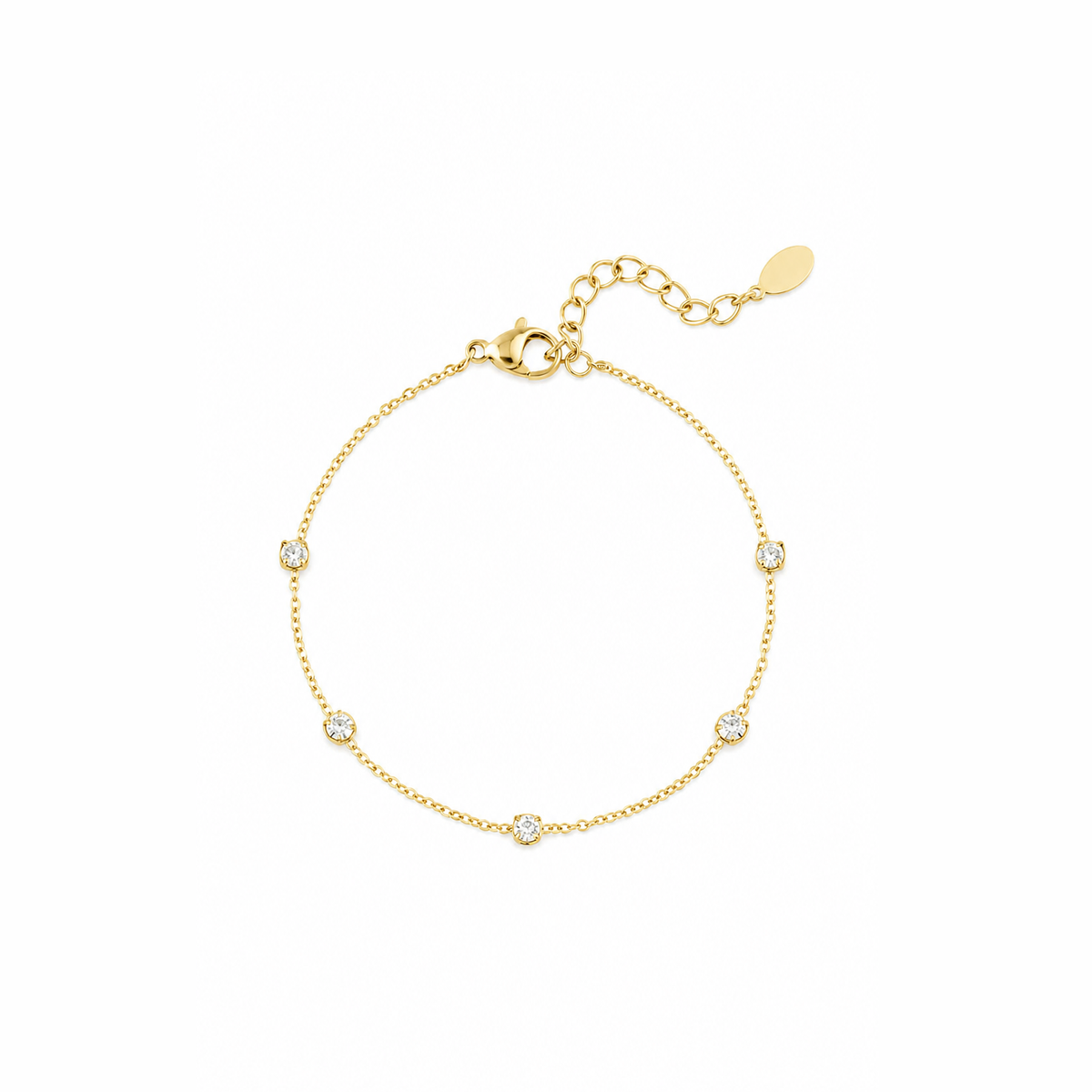 Gouden steentjes armband van stainless steel, productfoto op witte achtergrond