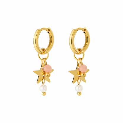 Gouden ster roze steen oorbellen van stainless steel, productfoto op witte achtergrond