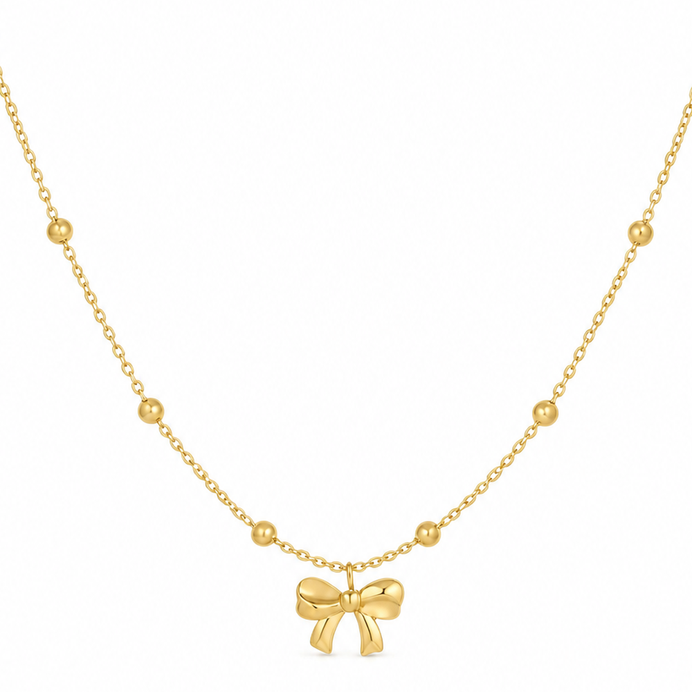 Gouden strikje ketting van stainless steel, productfoto op witte achtergrond
