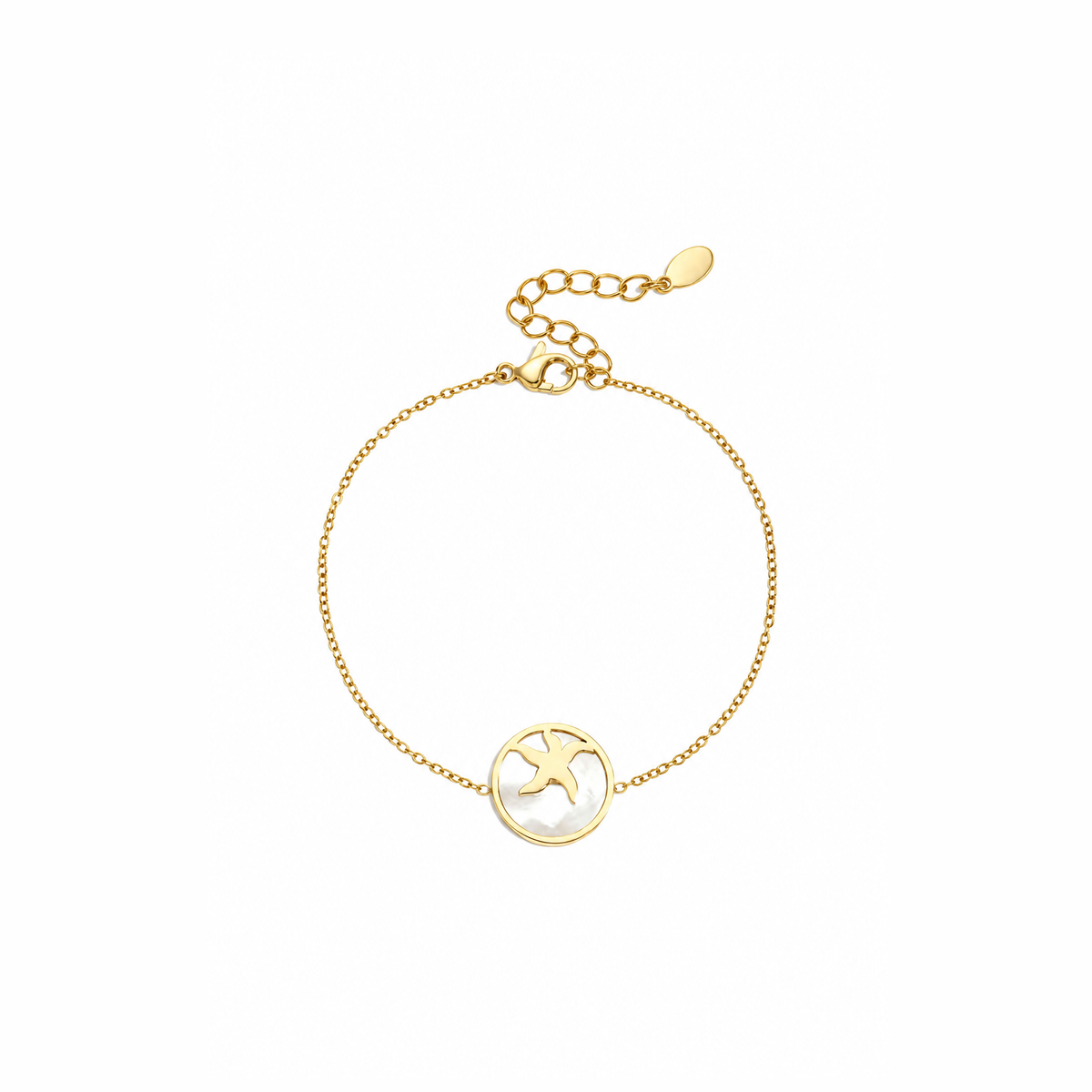 Gouden zeester armband van stainless steel, productfoto op witte achtergrond