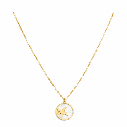 Gouden zeester parelmoer ketting van stainless steel, productfoto op witte achtergrond