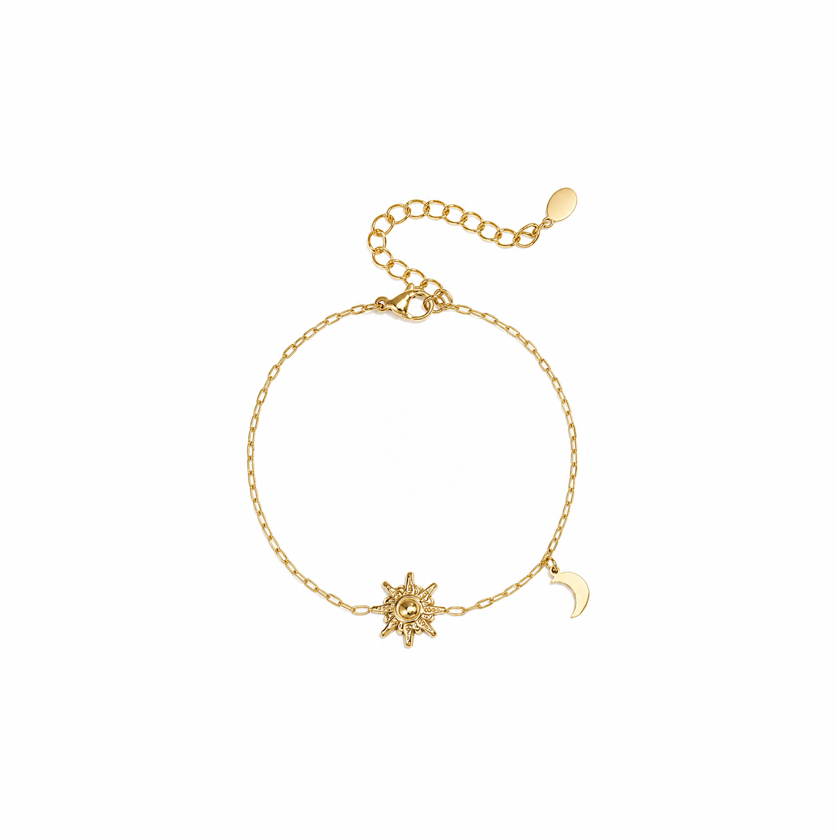 Gouden zon en maan armband van stainless steel, productfoto op witte achtergrond