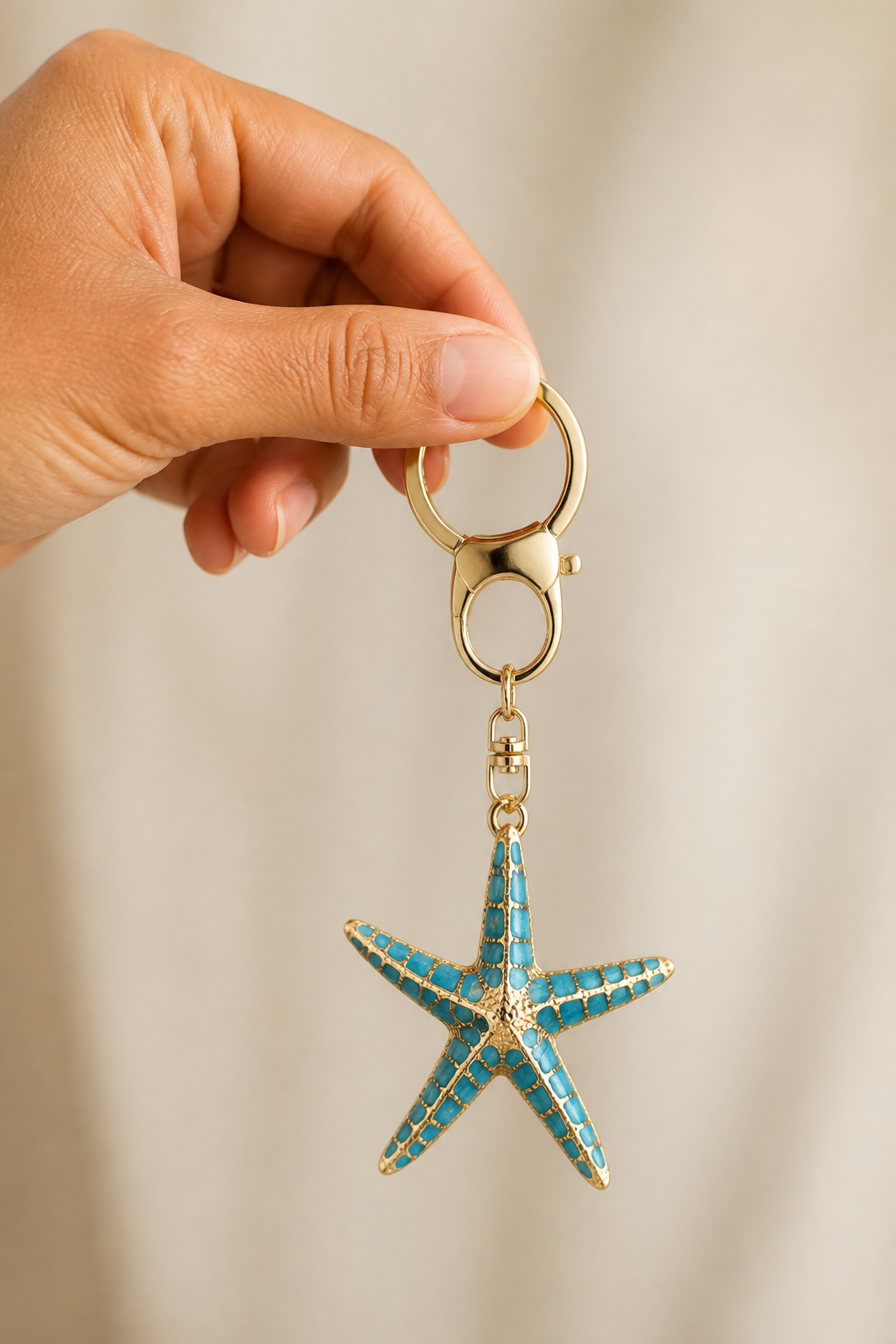 grote zeester sleutelhanger blauw in de hand, cadeau-idee