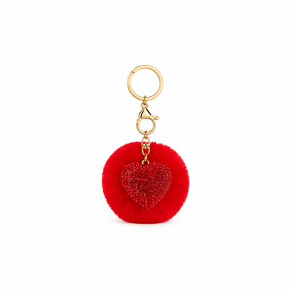 pluizenbol hartje sleutelhanger rood, productfoto op witte achtergrond