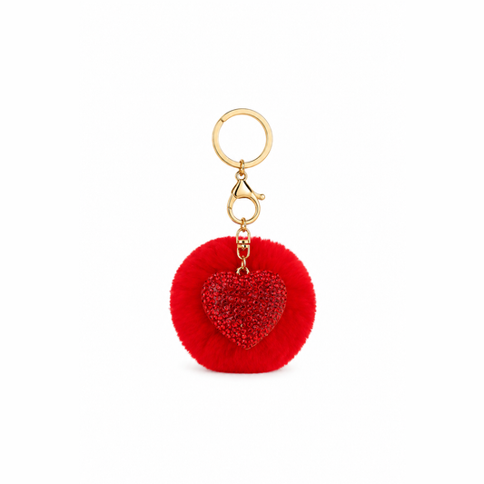 pluizenbol hartje sleutelhanger rood, productfoto op witte achtergrond