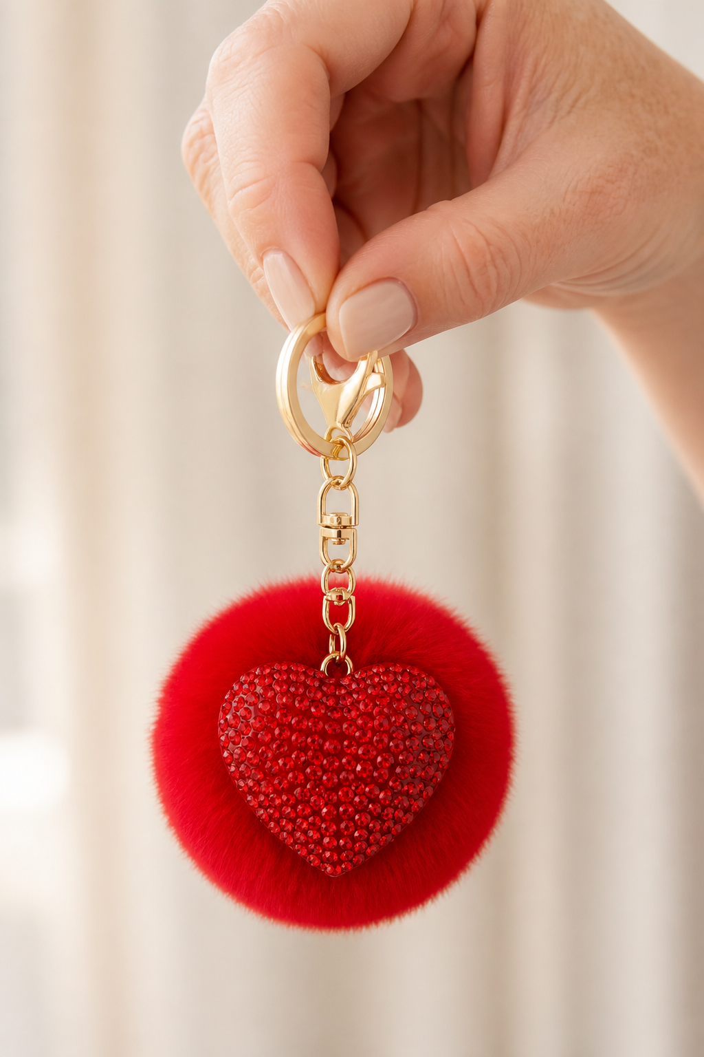 pluizenbol hartje sleutelhanger rood in de hand, cadeau-idee