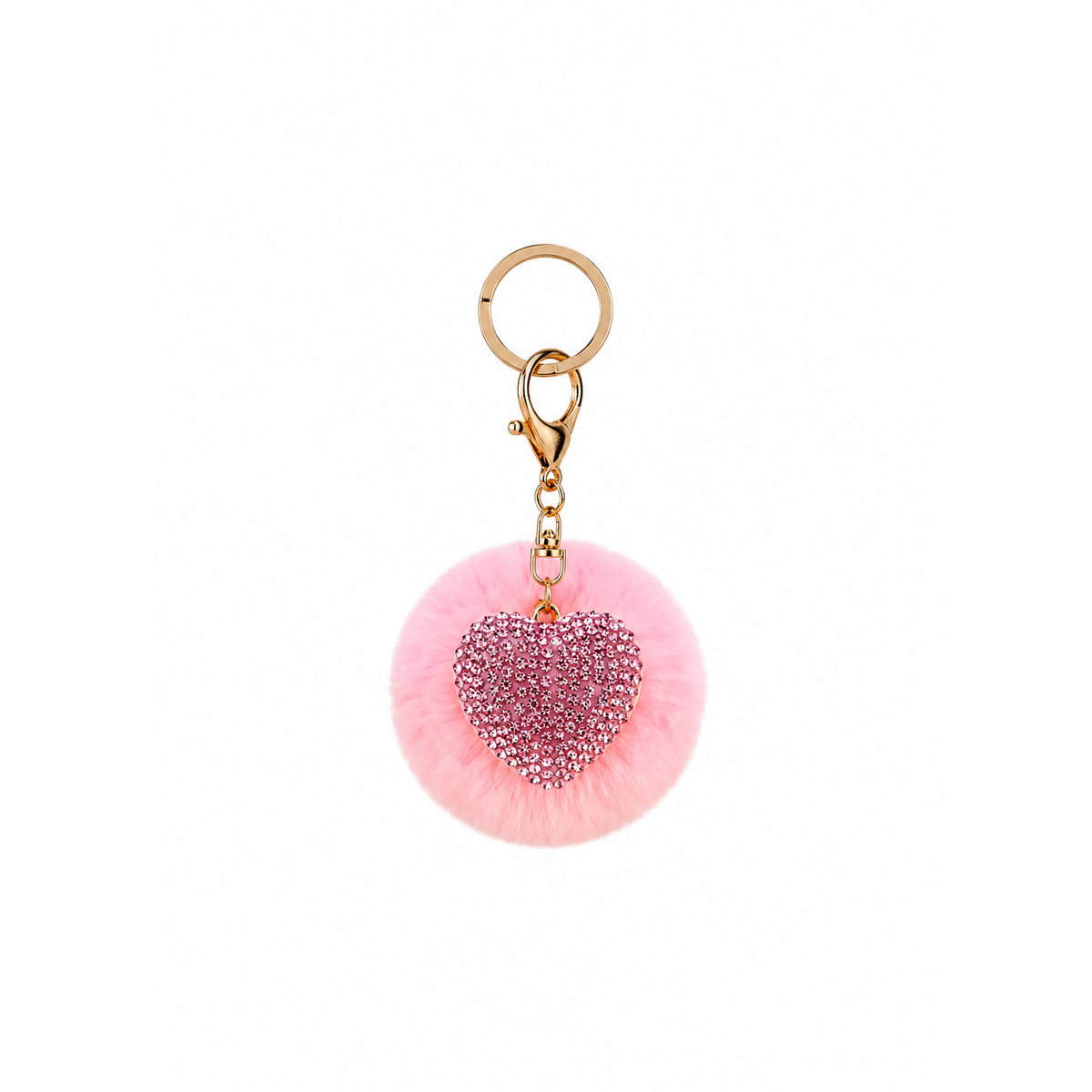 pluizenbol hartje sleutelhanger roze, productfoto op witte achtergrond