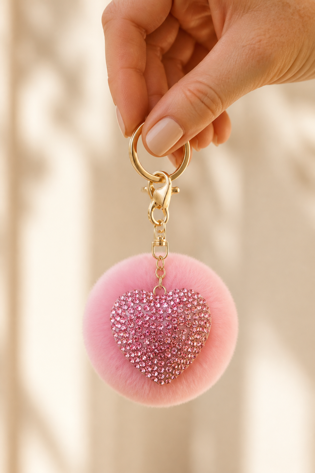 pluizenbol hartje sleutelhanger roze in de hand, cadeau-idee