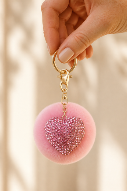 pluizenbol hartje sleutelhanger roze in de hand, cadeau-idee