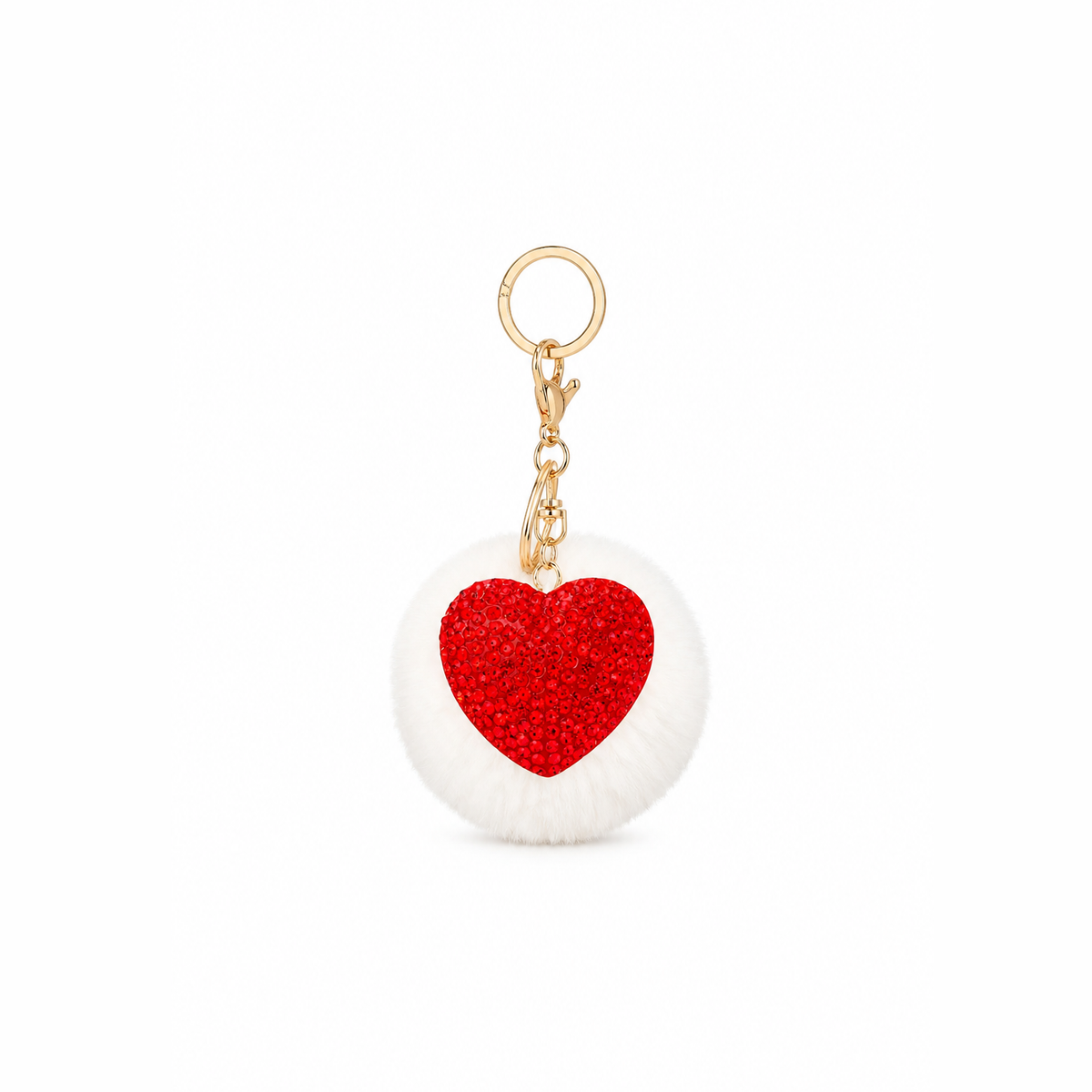 pluizenbol hartje sleutelhanger wit en rood, productfoto op witte achtergrond