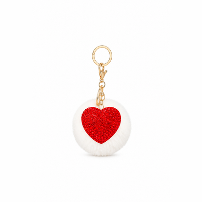 pluizenbol hartje sleutelhanger wit en rood, productfoto op witte achtergrond