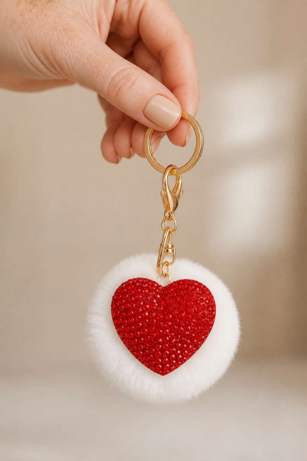 pluizenbol hartje sleutelhanger wit en rood in de hand, cadeau-idee