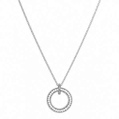 Zilveren dubbele ringen steentjes ketting van stainless steel, productfoto op witte achtergrond