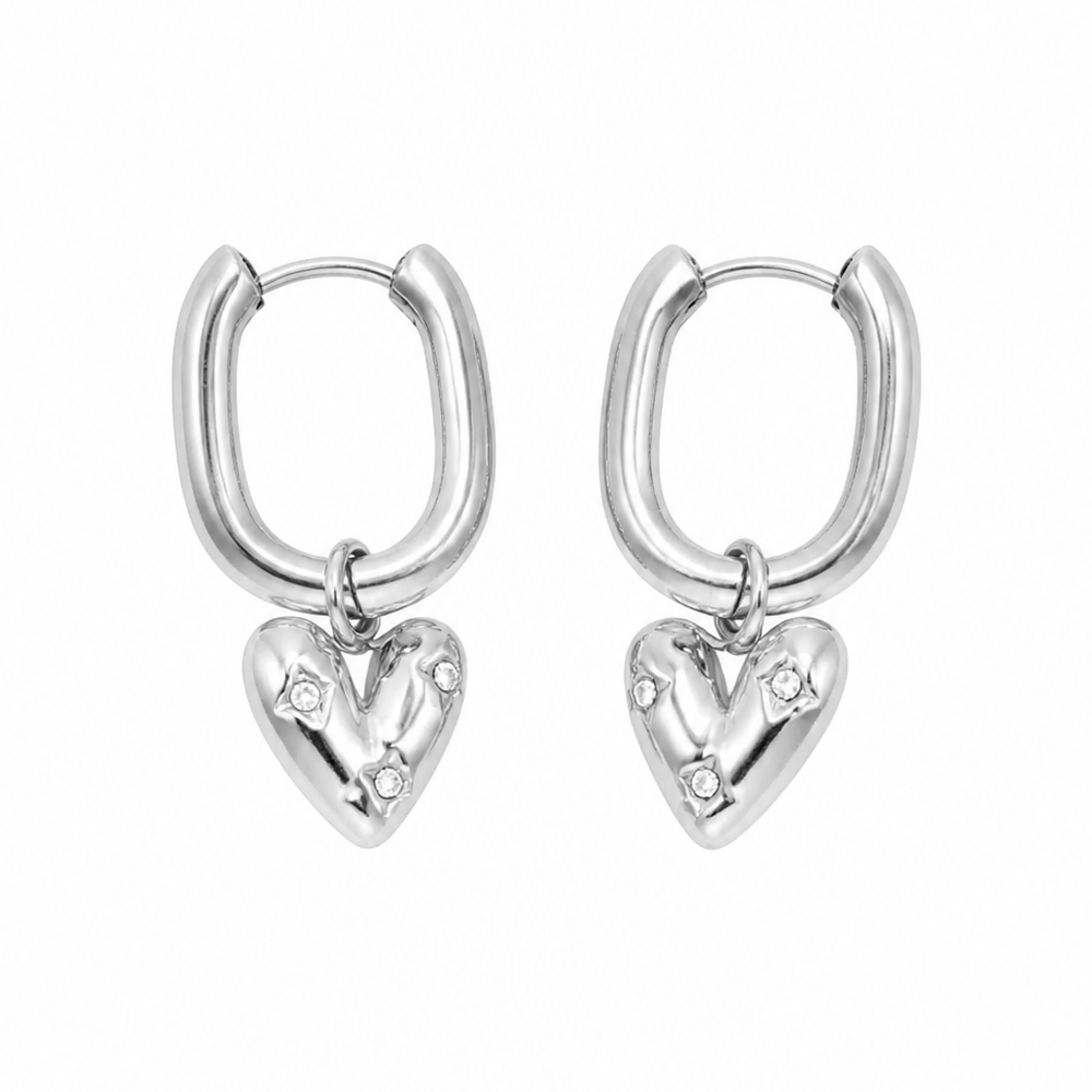 Zilveren hartje steentjes oorbellen van stainless steel, productfoto op witte achtergrond