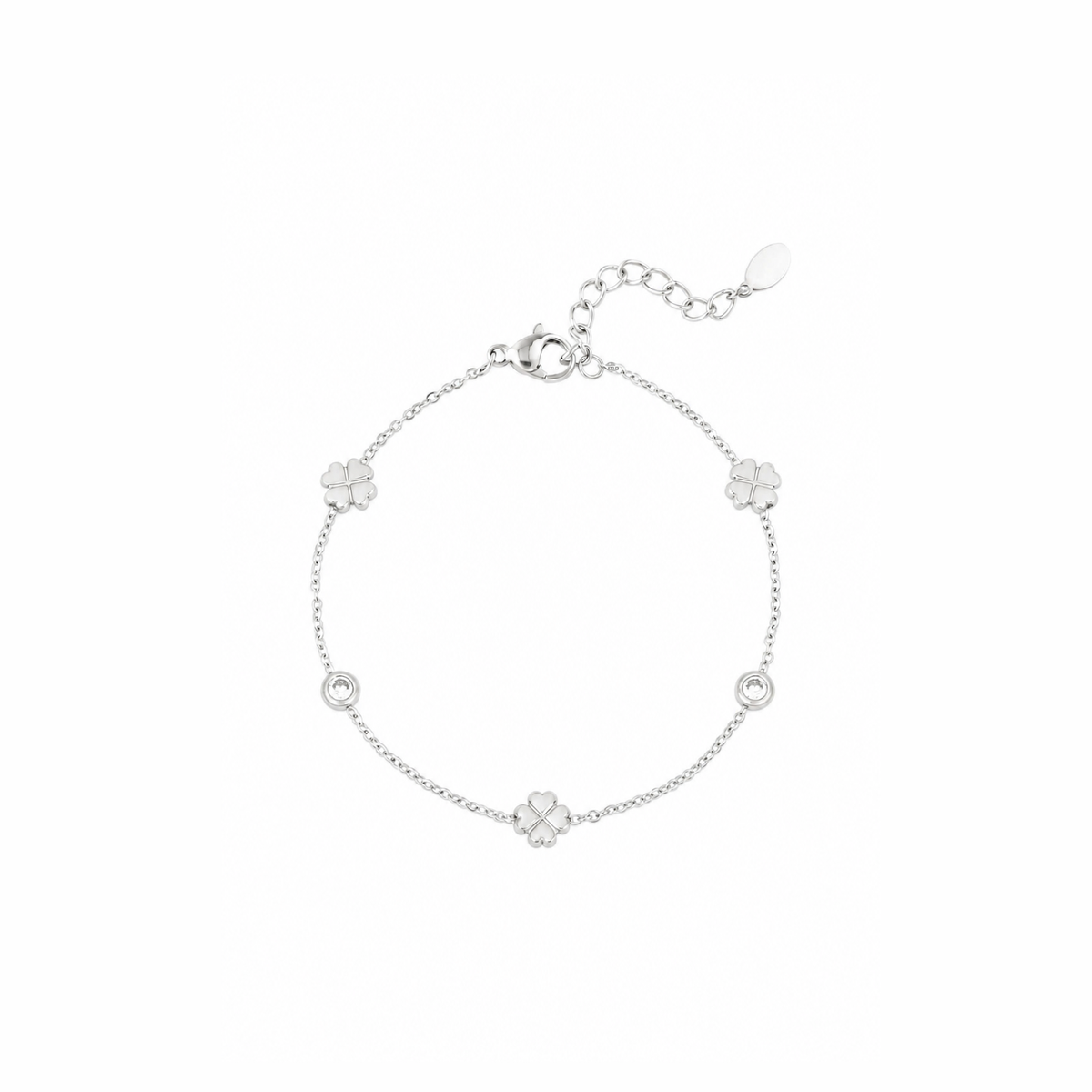 Zilveren klavertjes steentjes armband van stainless steel, productfoto op witte achtergrond