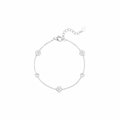 Zilveren klavertjes steentjes armband van stainless steel, productfoto op witte achtergrond