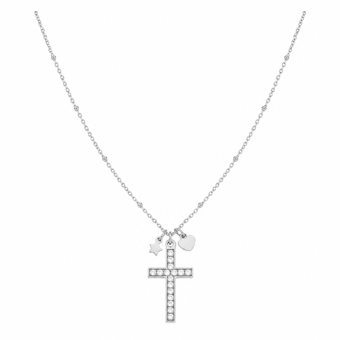 Zilveren kruisje steentjes ketting van stainless steel, productfoto op witte achtergrond