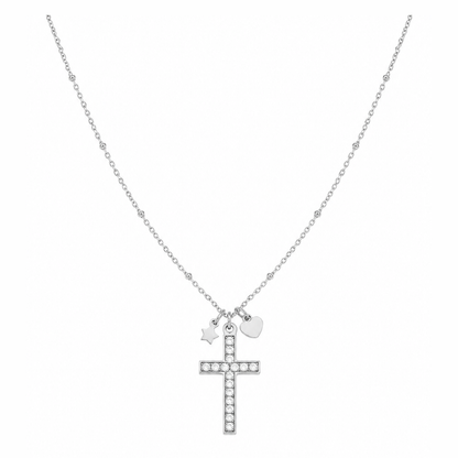 Zilveren kruisje steentjes ketting van stainless steel, productfoto op witte achtergrond