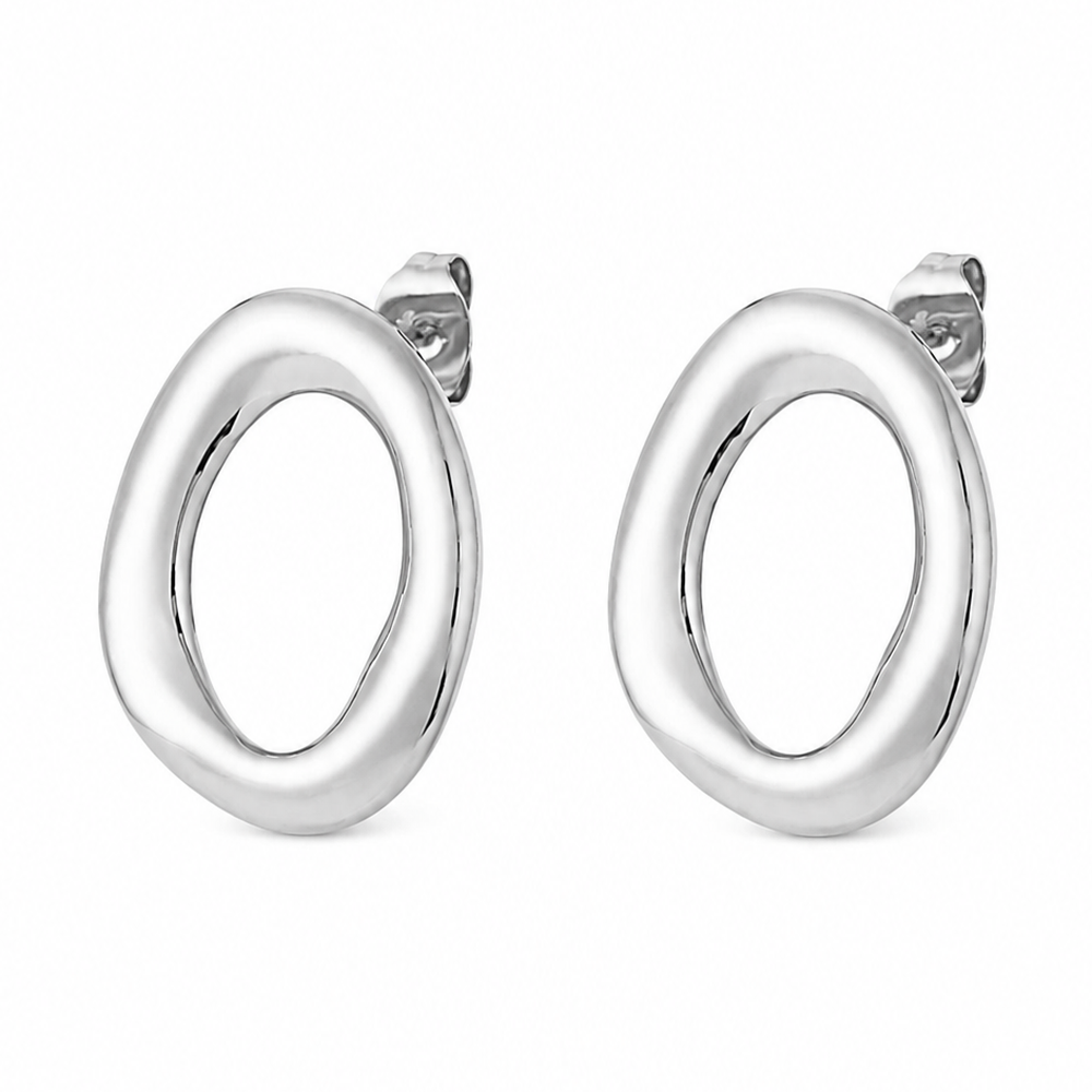 Zilveren ovale ringen oorbellen van stainless steel, productfoto op witte achtergrond