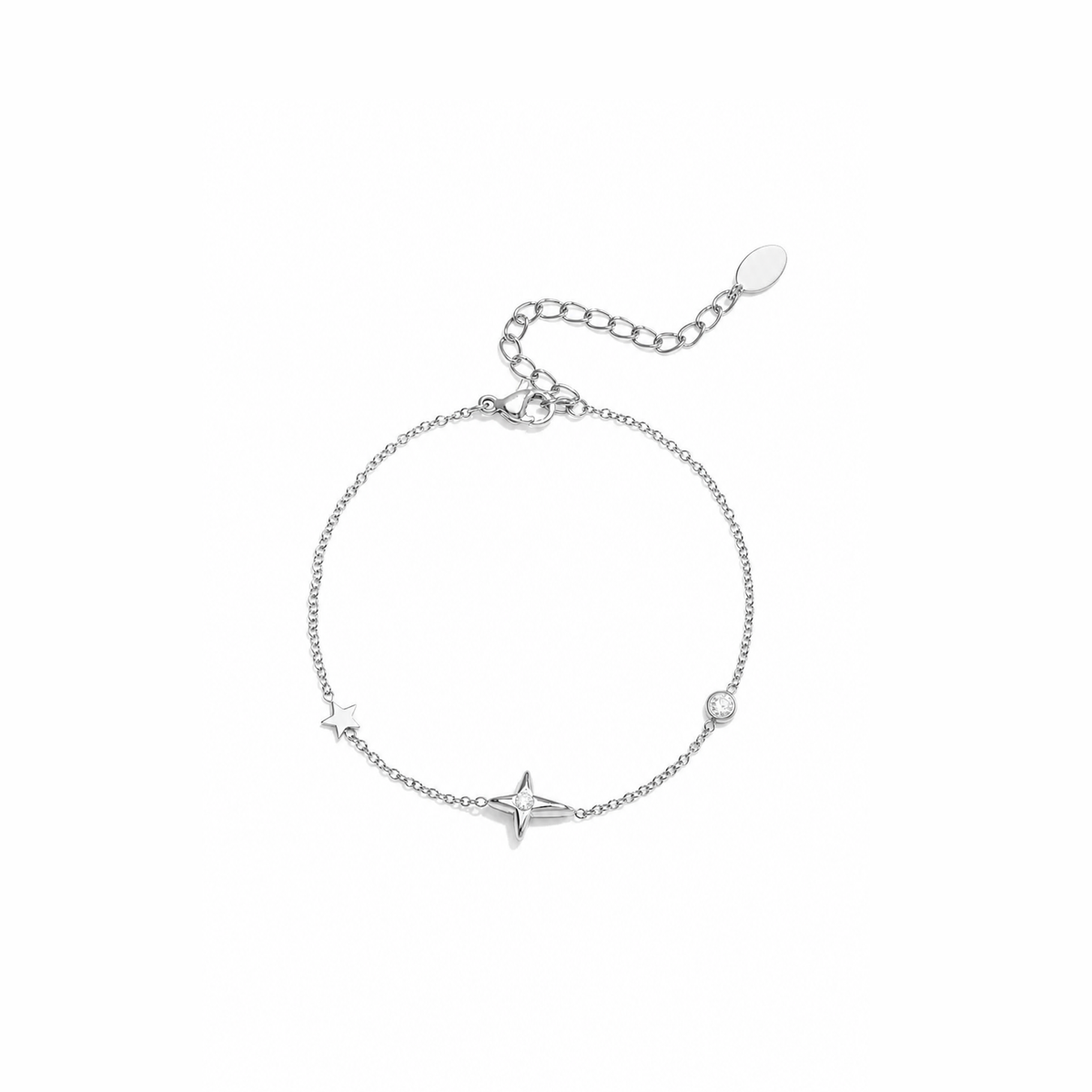 Zilveren sterren armband van stainless steel, productfoto op witte achtergrond