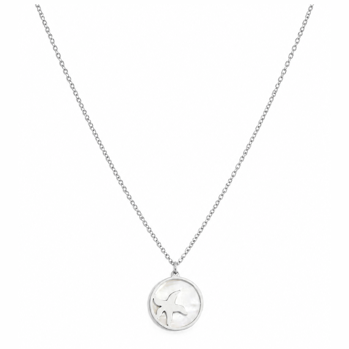 Zilveren zeester parelmoer ketting van stainless steel, productfoto op witte achtergrond